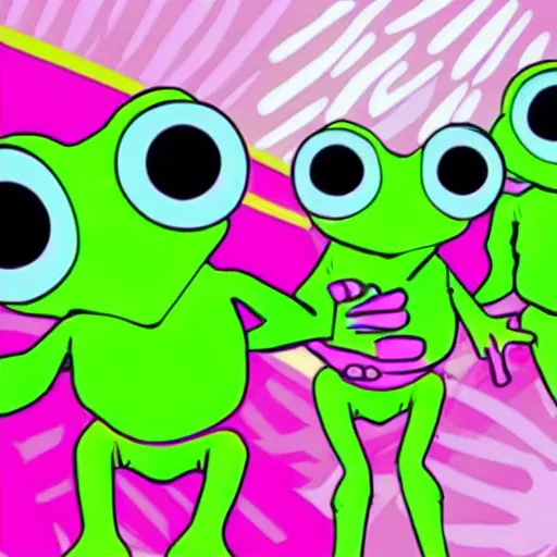 Image similar to futuristic frogs having a rave party in a club