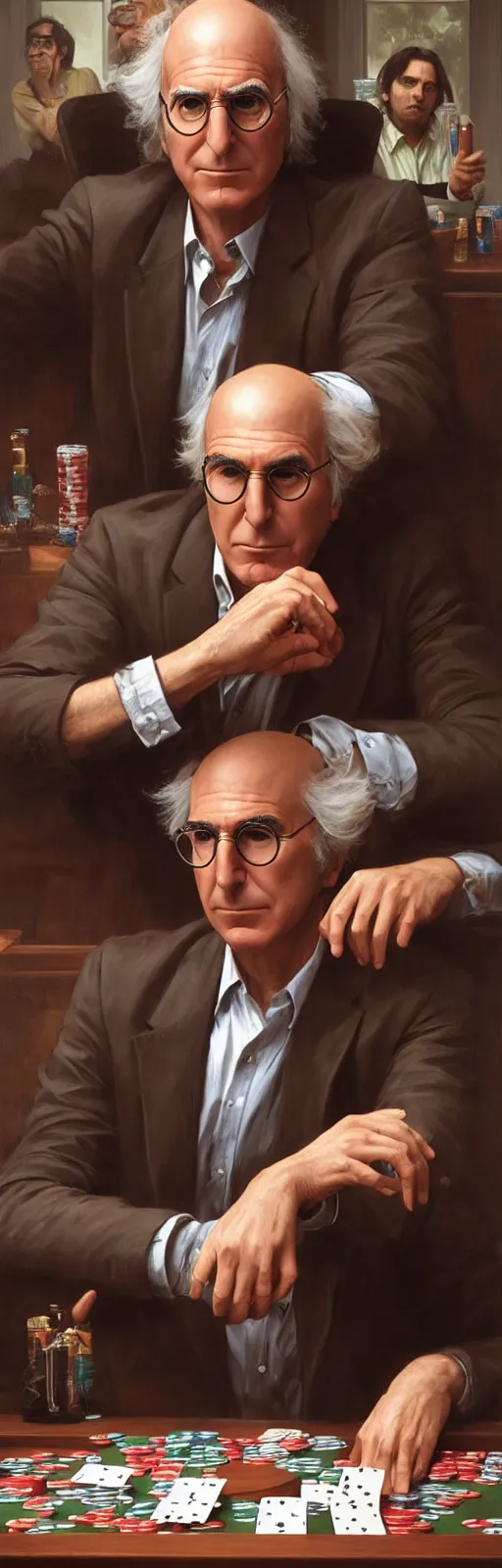 Image similar to portrait of larry david playing poker, photorealistic, highly detailed, artstation, smooth, sharp focus, art by michael whelan, artgerm, greg rutkowski and alphonse mucha