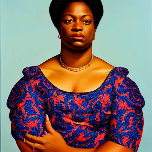 Image similar to A portrait of a thick powerful and gorgeous non-binary person, dark black skin tone, oil painting by Kehinde Wiley, majestic, detailed, high resolution