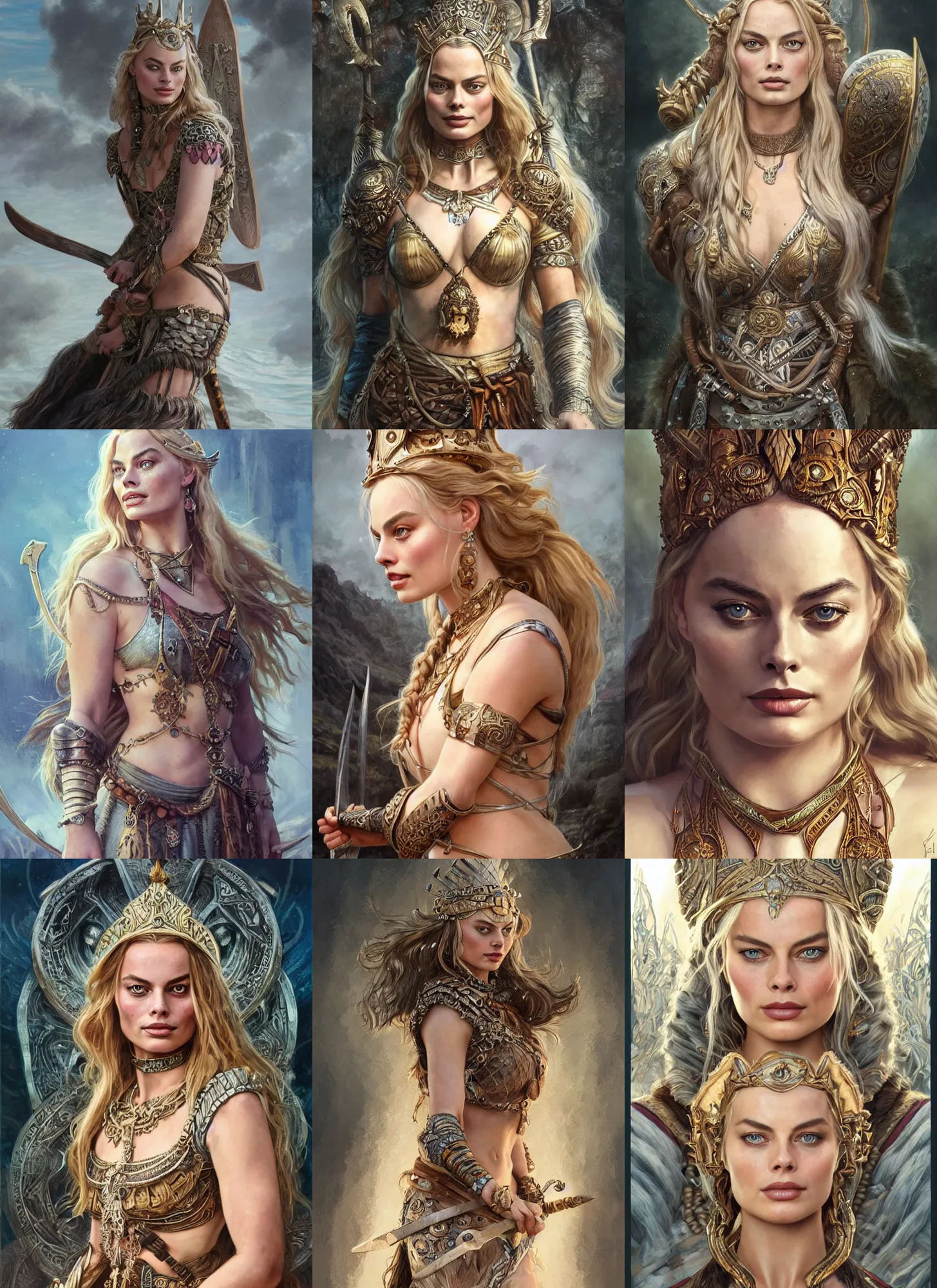 Prompt: Margot Robbie as a Viking Goddess, cute, fantasy, intricate, elegant, highly detailed, digital painting, 4k, HDR, concept art, detailed jewelry, smooth, sharp focus, head and waist potrait, art by Artgerm and H R Giger and Greg Rutkowski and Alphonse Mucha