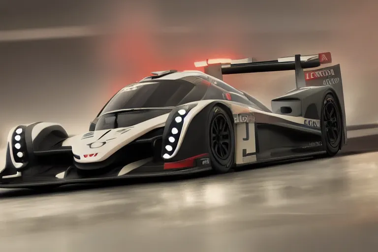 Image similar to Honda Civic 2022. Honda LMP1 car racing on dimly lit track overcast skies raining headlights illuminating track, volumetric lighting cinematic digital painting vray photo muted colors dark cinematic. front side view uncropped centered