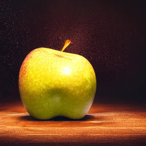 Prompt: explosion of an apple. ultra high definition professional studio quality photograph, dramatic lighting, ray tracing, refraction, shallow d. o. f, colour corrected, golden ratio, three point light. volumetric shadows. light rays.