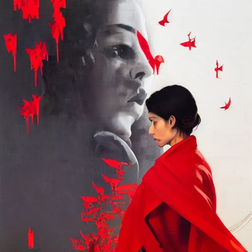 Image similar to portrait of a daydreaming melancholic latina woman in red habit being progressively rasterized into virtual pixels, she is surrounded by digital birds and a giant loving neon mecha robot is beside her, oil on canvas by yoji shinkawa, esao andrews, dave mckean and stina persson