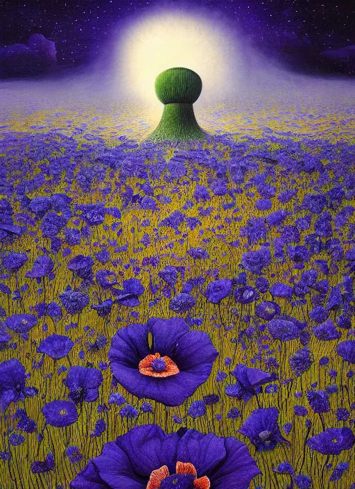 Image similar to detailed, intricate blue black and purple papaverum flower on the field, nebula, galaxy in the sky, winning award masterpiece, fantastically beautiful, illustration, aestheticly inspired, jacek yerka, upscale with anguissola sofonisba work, artstation, 8 k