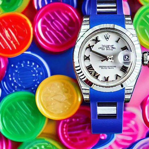 Image similar to Rolex Datejust made of colorful plastic by Fisher Price, close up, photo