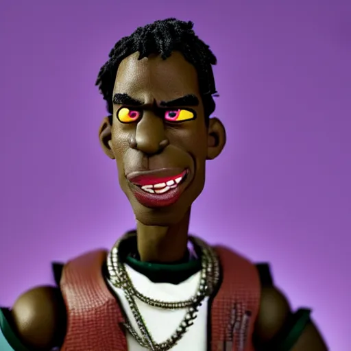 Image similar to a cartoon claymation medium close up sculpture of Travis Scott, in the style of Robot Chicken