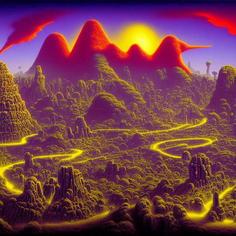 Image similar to ancient stone monuments over sprawling mysterious town, volcano valley, infinite sky, ( ( ( synthwave ) ) ), bright neon colors, highly detailed, cinematic, tim white, michael whelan, roger dean, bob eggleton, philippe druillet, vladimir kush, kubrick, haeckel, alfred kelsner