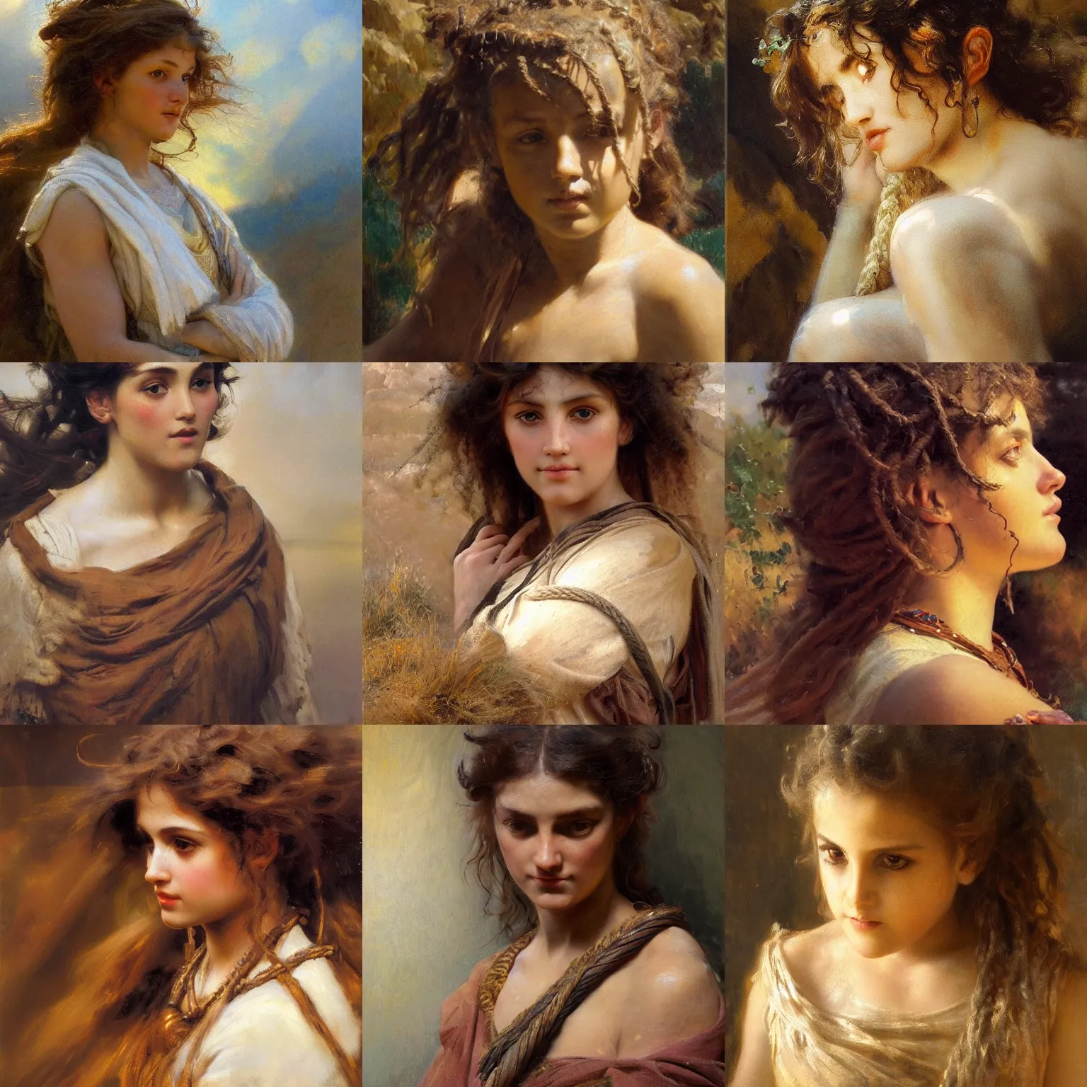 Prompt: beautiful shepherd girl with wild hair orientalism face detail by theodore ralli and nasreddine dinet and anders zorn and edwin longsden long, bronze age, sword and sorcery, oil on canvas, masterful intricate artwork, excellent lighting, high detail 8 k