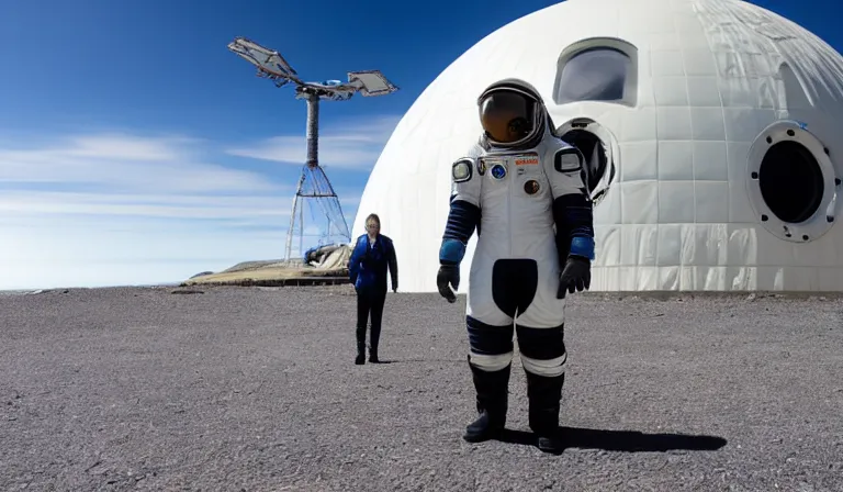 Prompt: tourist astronaut in sci-fi suit, standing in the Isle of Harris, Scotland, a futuristic space caravan in the background, wide angle lens, photorealistic