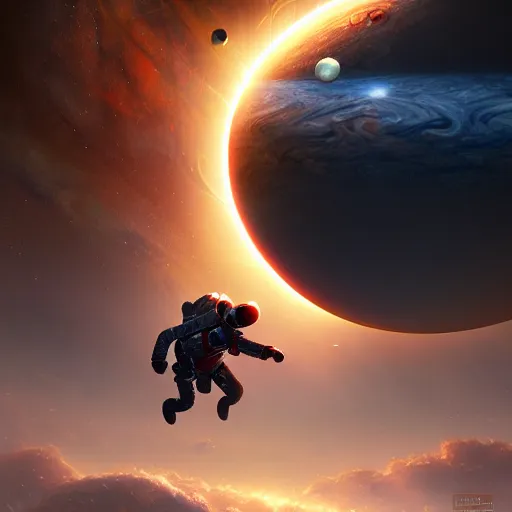 Image similar to burning astronaut falling through the majestic clouds of jupiter, by cedric peyravernay and feng zhu, highly detailed, excellent composition, cinematic concept art, dramatic lighting, trending on artstation