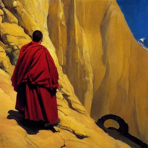 Image similar to sienna portrait of the astute monk crimson and sienna robe ascending the mountain to the monastery paro taktsang jamie wyeth james gilleard edward hopper oil painting