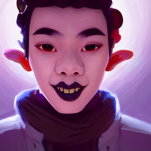 Image similar to a portrait of a cinematic still of the happy mask salesman, art by lois van baarle and loish and ross tran and rossdraws and sam yang and samdoesarts and artgerm and saruei and disney, digital art, highly detailed, intricate, sharp focus, trending on artstation hq, deviantart, unreal engine 5, 4 k uhd image