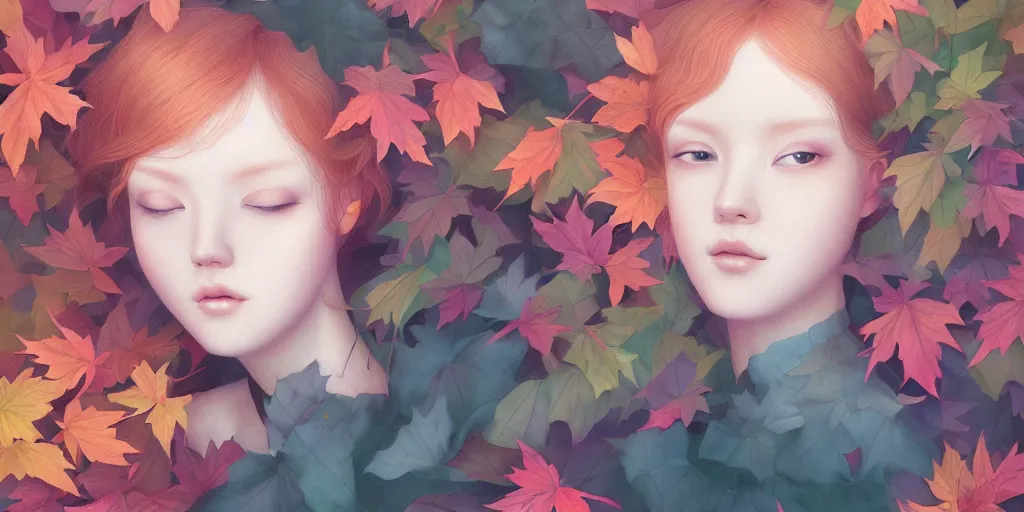 Image similar to highly detailed pastel colors of an ethereal ginger beauty morphing gradually into autumn leaves, by artgerm and hsiao - ron cheng, smooth composition, fine patterns and detail