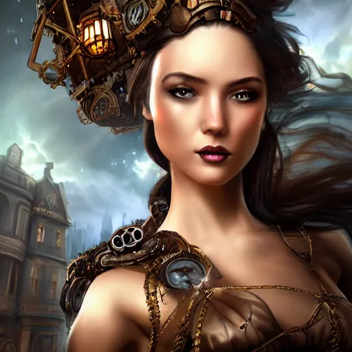 Image similar to fantasy woman in steampunk town, details face, detailed body, realistic body structure, unreal engine, by popular digital artist, digital, artstation, detailed body, heavenly atmosphere, digital art, overdetailed art, trending on artstation, cgstudio, the most beautiful image ever created, dramatic, award winning artwork, beautiful scenery