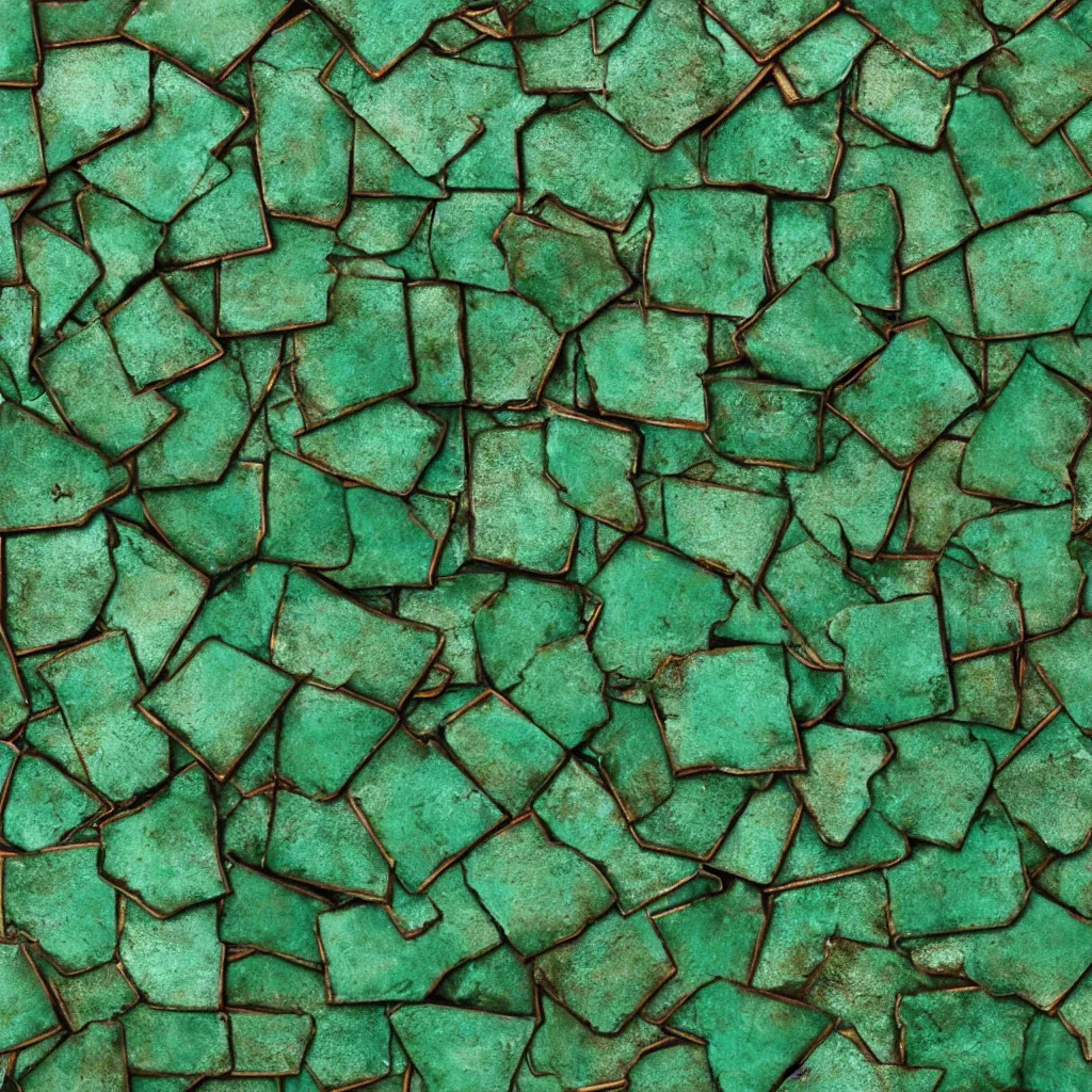 Prompt: light green oxidized copper shaped like tiles texture material, high definition, high detail, 8k, photorealistic