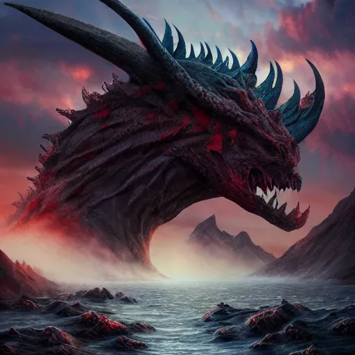 Prompt: mystical creature, monster, dragon, beast rising from the sea of blood, many horns, many heads, landscape, cinematic view, epic sky, detailed, concept art, low angle, high detail, warm lighting, volumetric, godrays, vivid, beautiful, trending on artstation, by jordan grimmer, huge scene, grass, art greg rutkowski