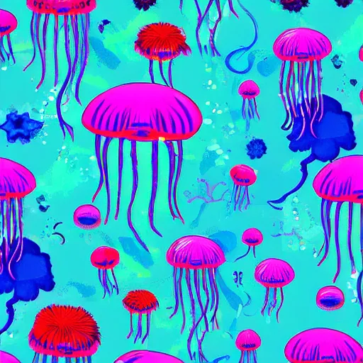 Image similar to jellyfish beach jungle red blue purple explosion