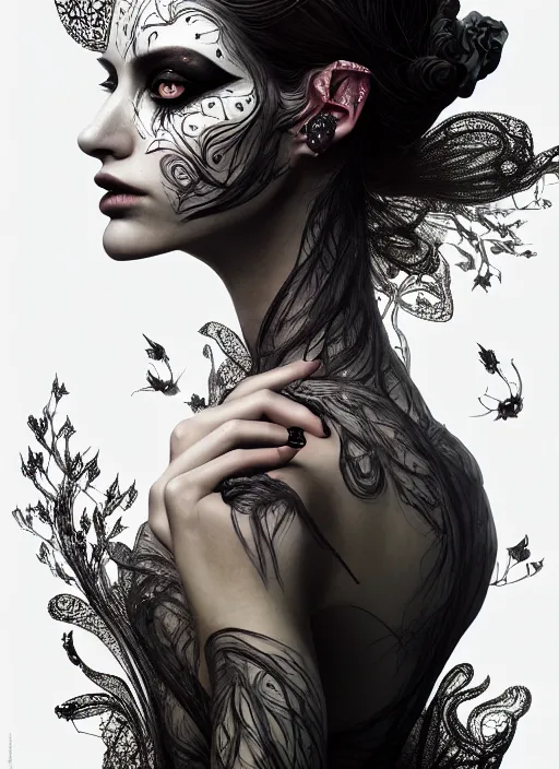 Prompt: portrait of an absurdly beautiful, graceful, sophisticated, fashionable dark witch, hyperdetailed illustration by irakli nadar and vania zouravliov, matt wisniewski style, intricate linework, day - glow face paint, unreal engine 5 highly rendered, global illumination, radiant light, detailed and intricate environment
