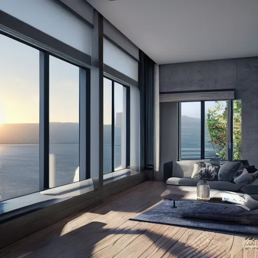 Prompt: modern luxury interior, living room with window facing the sea and sun, photorealistic, ultra - detailed, 4 k high resolution, hdr shot, unreal engine rendering 4 k