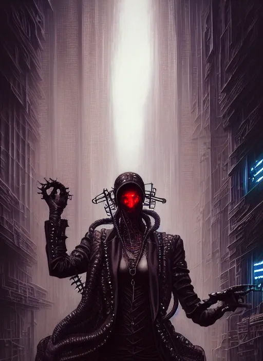 Image similar to portrait shot of a cyberpunk vampire in a scenic dystopian environment, lovecraftian, intricate, elegant, highly detailed, centered, digital painting, artstation, concept art, smooth, sharp focus, illustration, artgerm, tomasz alen kopera, peter mohrbacher, donato giancola, joseph christian leyendecker, wlop, boris vallejo