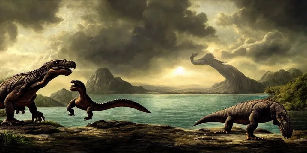 Prompt: amazing prehistoric landscape photo of tyrannosaurus and komodo fighting beside the lake, beautiful dramatic lighting