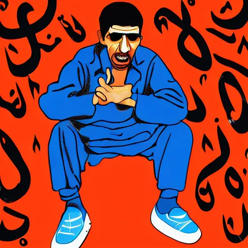Prompt: omar souleyman (syrian) in the style of daniel johnston and outsider art, 4k, arabic text
