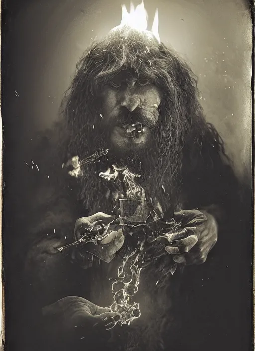 Prompt: old wetplate daguerreotype portrait of neanderthaler creating fire, explosion of data fragments, fractal, intricate, elegant, highly detailed, parallax, leica, medium format, subsurface scattering, by jheronimus bosch and greg rutkowski and louis jacques mande daguerre