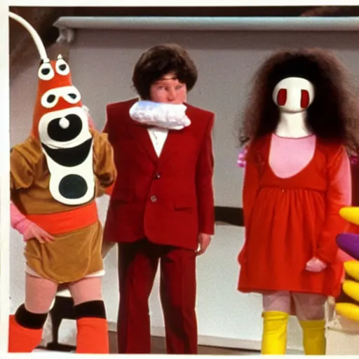 Image similar to Still from a children's television show about people dressed as nostrils, 1980