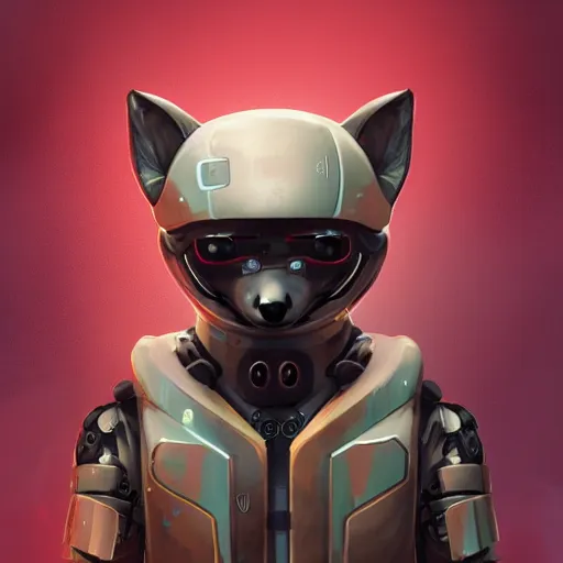 Prompt: anthropomorphic fox in cybernetic armour, cyberpunk, futuristic, wear and tear, battle hardened, shell shocked eyes, artstation, dirty, ray tracing