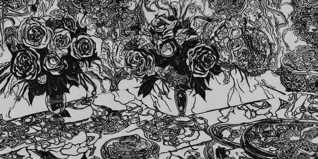 Prompt: a vase of black roses on a table with an ornate patterned tablecloth, in the style of audrey kawasaki, photorealistic, painted by wassily kandinsky and hr giger and georgia okeeffe, moody lighting, black and white illustration