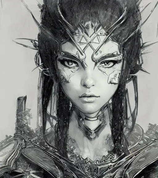 Image similar to portrait of anime woman in armor, pen and ink, intricate line drawings, by craig mullins, ruan jia, kentaro miura, greg rutkowski, loundraw