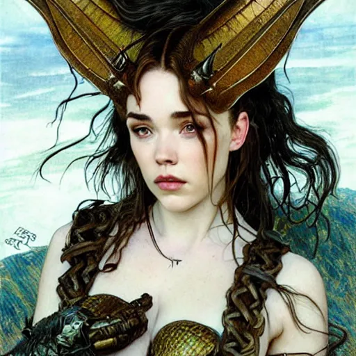 Image similar to head and shoulders portrait of an armored erinyes devil with huge bat wings, portrayed by florence pugh, d & d, fantasy, luis royo, magali villeneuve, donato giancola, wlop, krenz cushart, hans zatka, klimt, alphonse mucha