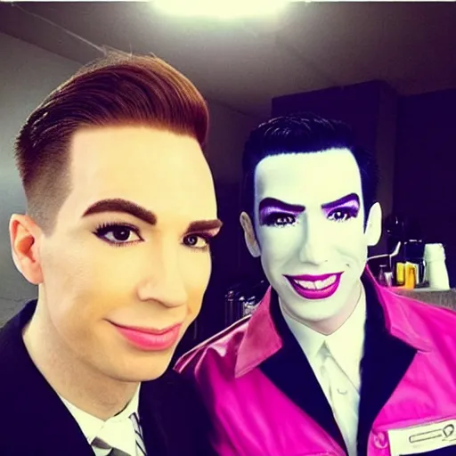 Image similar to “Saul Goodman as a beauty YouTuber making a video with James Charles about makeup”