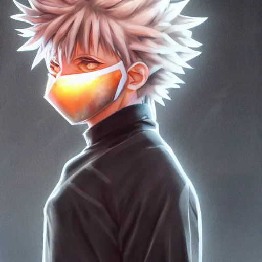 Prompt: realistic killua zoldyck with mask, techwear, streetwear, cyberpunk style outfit, greg rutkowski, artgerm, ross tran, takato yomamoto, wlop, ilya kuvshinov, intricate complexity, detailed portrait, 4 k, cinematic lighting, artstation, sharp focus, smooth, hd, hdr, award winning, octane render