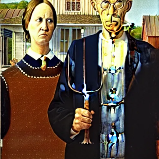 Prompt: satan and jesus in the style of american gothic