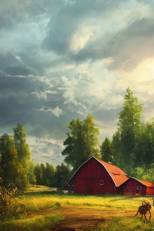 Image similar to finnish farm, summer, open wide, epic, cinematic, elegant, highly detailed, featured on artstation