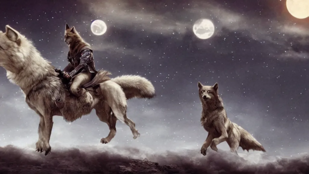 Image similar to Beautiful epic cinematography of David Bowie riding a giant wolf at night