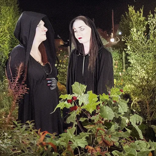 Image similar to a goth brunette woman in a black hooded cloak, standing beside a butch blonde tomboy woman engineer, in a garden at night, soft and romantic