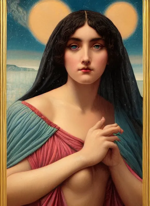 Prompt: beautiful cult magic psychic woman, oil painting, robe, symmetrical face, greek dark myth, by John William Godward and Anna Dittman, masterpiece