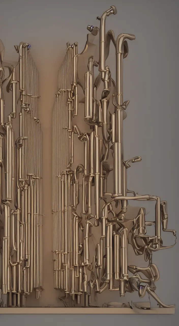 Image similar to an art installation of a church organ with ceramic pipes shaped like a human larynx, in the style of an engineering diagram, infrastructure, 3D render, 8k,