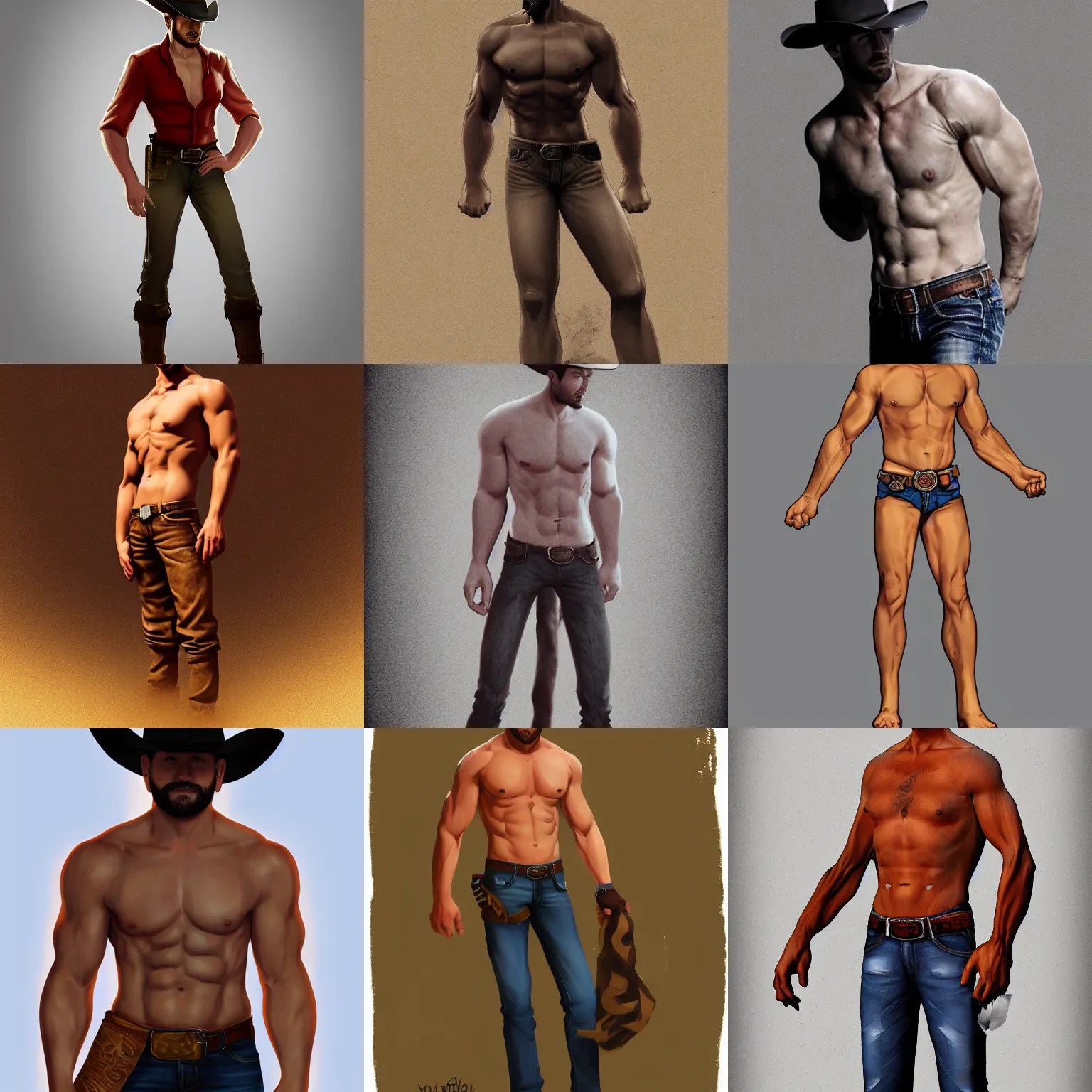 Prompt: a full body portrait by of a handsome shirtless cowboy, trending on artstation