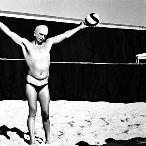 Prompt: count orlok in a swimsuit playing beach volleyball on a bright sunny day