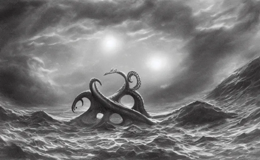 Image similar to cthulhu underwater looking up. matte painting.