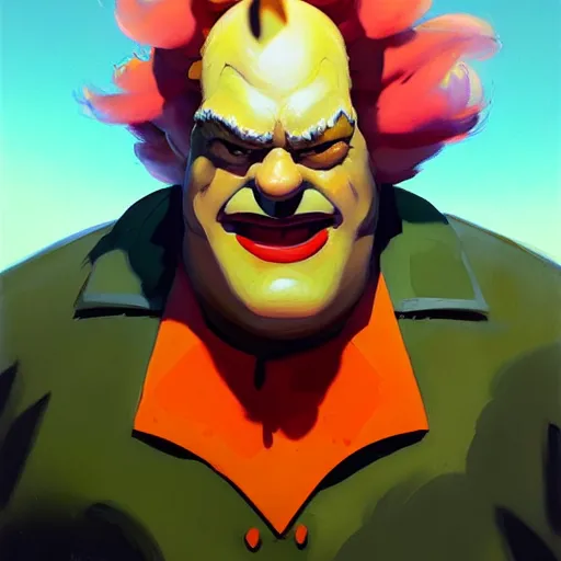 Image similar to Greg Manchess portrait painting of Krusty the clown as Overwatch character, medium shot, asymmetrical, profile picture, Organic Painting, sunny day, Matte Painting, bold shapes, hard edges, street art, trending on artstation, by Huang Guangjian and Gil Elvgren and Sachin Teng