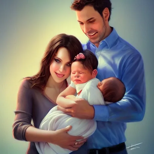 Prompt: a happy husband and his brunette wife standing together, she is holding their cute newborn baby girl, beautifully lit, detailed, by artgerm, mumford and rutkowski, featured on artstation cgsociety