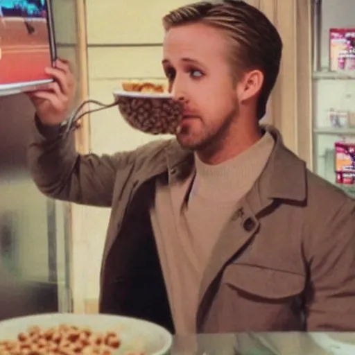 Image similar to Photo of Ryan Gosling feeding an image of Ryan Gosling on a TV some cereal! Its the Ryan Gosling meme haha!