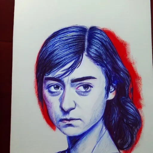 Image similar to loosely sketch of venus arya stark drawn with red and blue ballpoint on white paper