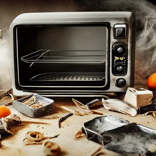 Image similar to cyborg toaster oven augmentation, dark messy smoke - filled cluttered workshop, dark, dramatic lighting, orange tint, sparks, cinematic, highly detailed, sci - fi, futuristic, movie still