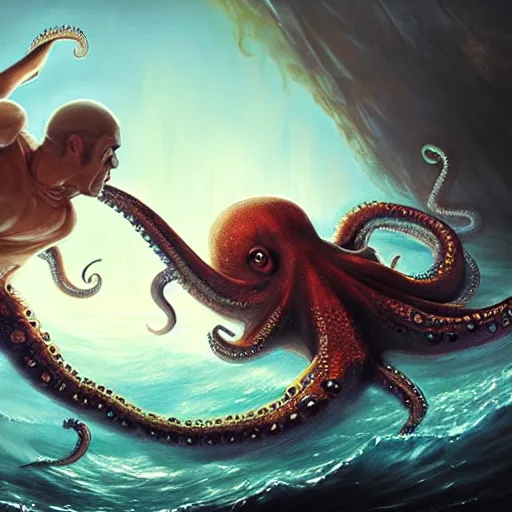 Image similar to a dream fantasy painting of a octopus and a man fight for their life, in the deep of the ocean, by beksinki, antonio j. manzanedo greg rutkowski, carne griffith trending on artstation, deviantart, photorealism
