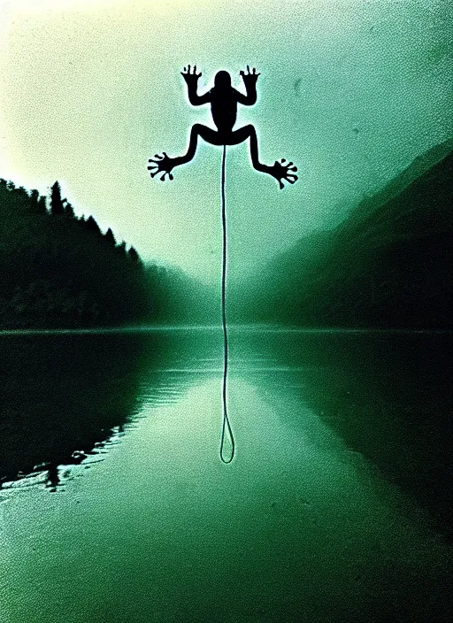 Image similar to “translucent frog amphibian vertically hovering above misty lake waters in jesus christ pose, low angle, long cinematic shot by Andrei Tarkovsky, paranormal, eerie, mystical”